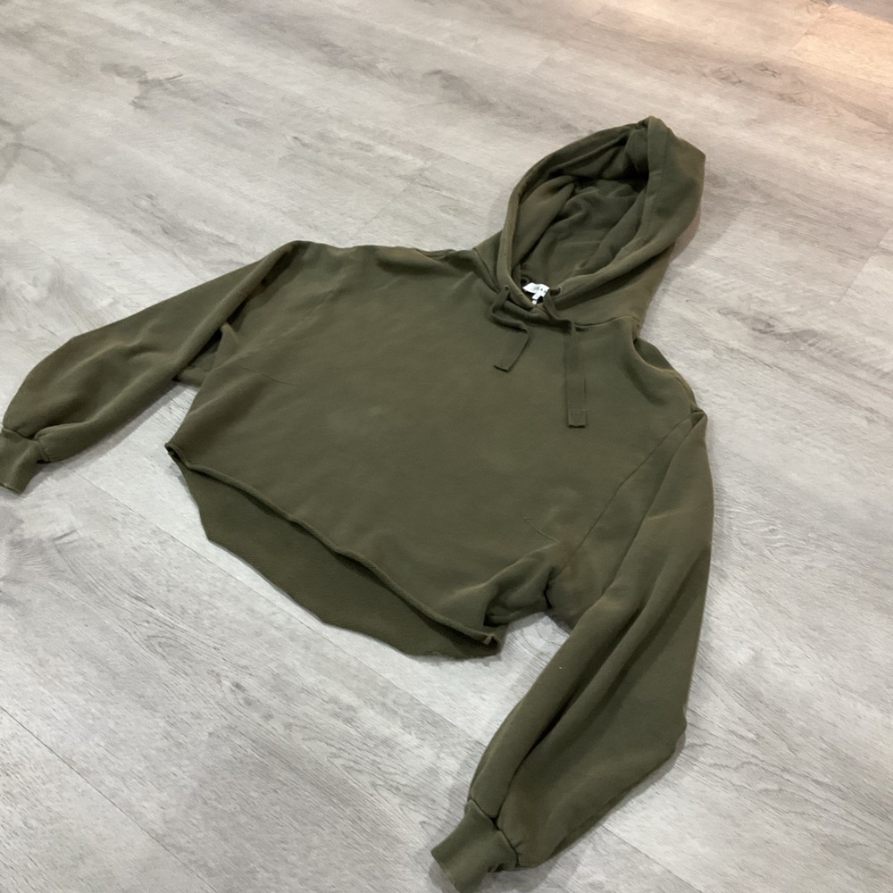 Frame Olive Green Cropped Hoodie with Drawstring Hood Sweatshirt Large - Picture 3 of 6
